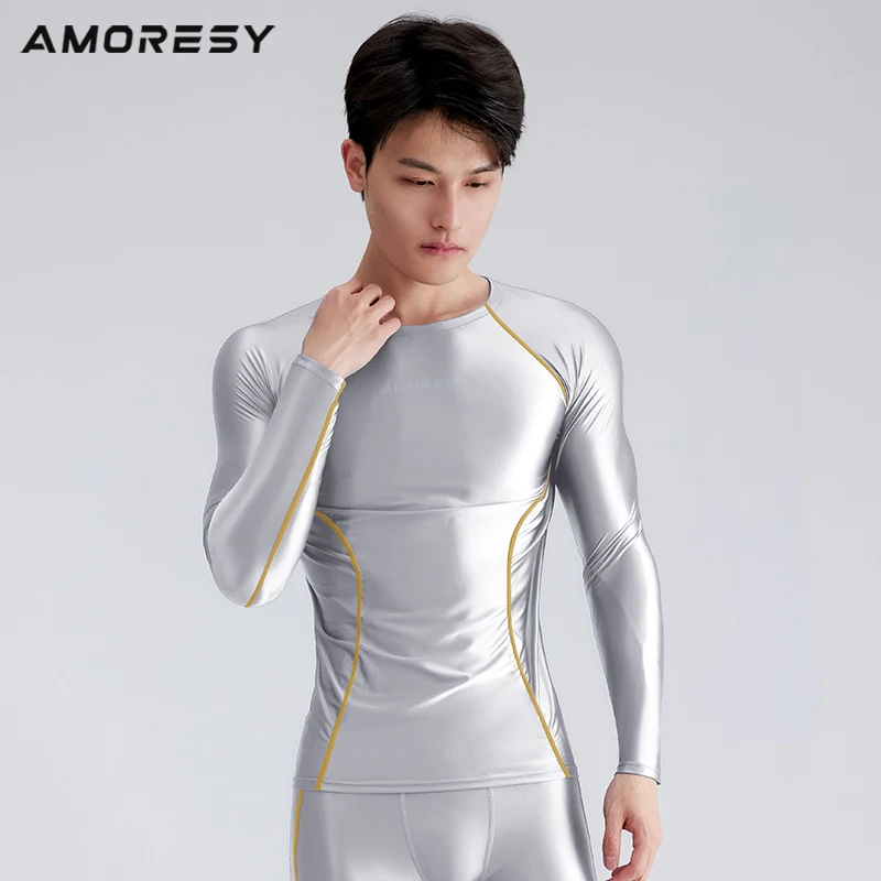 AMORESY Men Glossy Smooth Round Neck Long Sleeve Satin Oil T-Shirt Spandex Compression Surfing Sports Fitness Running Top Tights