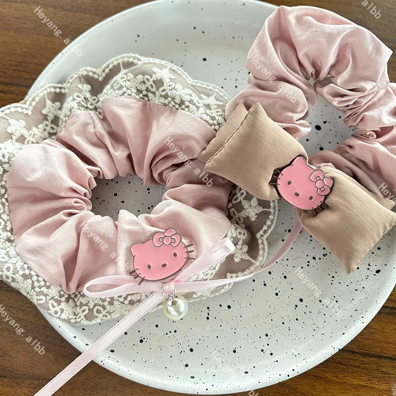 

Sanrio Hello Kitty Hair Ties Pink Girls Heart Exquisite KT Lace Temperament Girls Hair Circle High-end Bow Hair Accessories