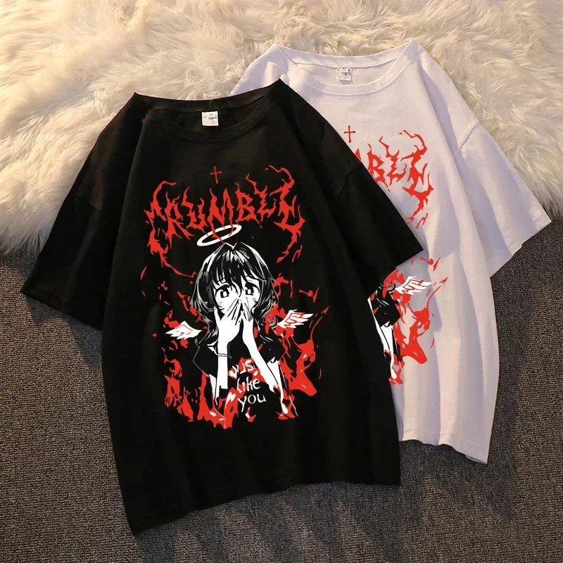 Camiseta de manga corta con dibujos animados para mujer, ropa de calle informal holgada, cuello redondo, Harajuku, Ulzzang, Hip Hop, Punk gótico