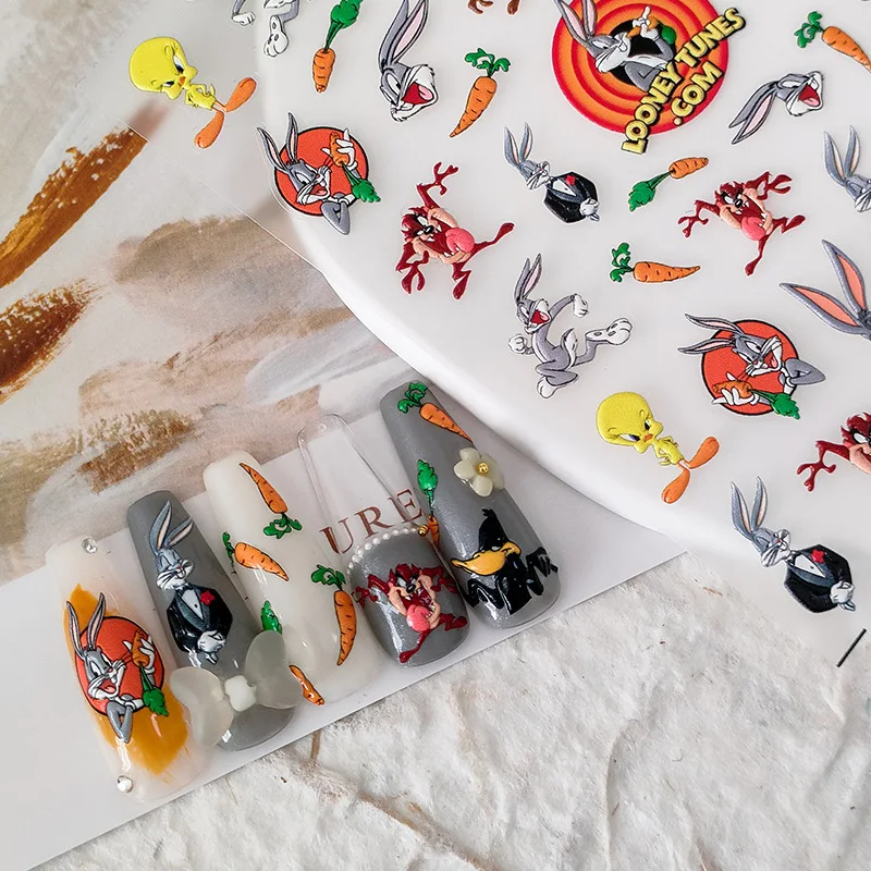 TAZ Funny Cartoon Character Nail Stickers Fashionable Self Adhesive Anime Nail Art Cute Manicure Relief Nail Art Accessories