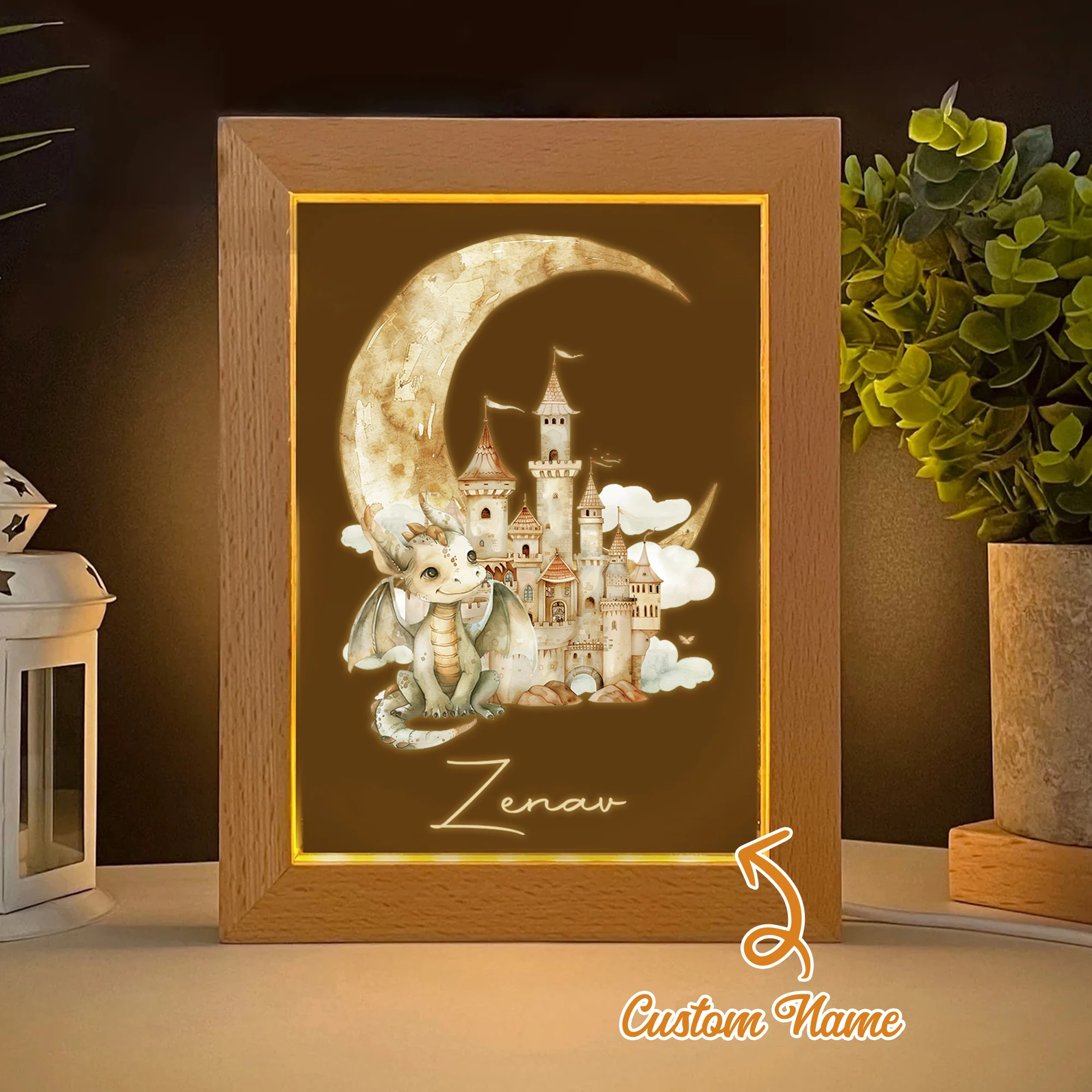 

Customized Moon Dinosaur Name LED Night View Photo Frame Personalized Gift Family Livingroom Bedroom Dining Room Home Decoration