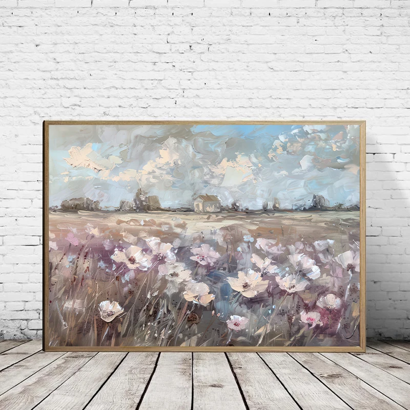 Wildflower Field Farm House Painting Rustic Wall Art Country Landscape Decor Spring Botanical Canvas Painting Room Home Decor