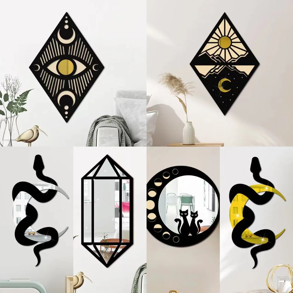 

Bohemian Style Wood Mirror Wall Paste 3D Background Wall Decoration Home Wall Hanging Ornaments Craft Gifts Wall Stickers Decor