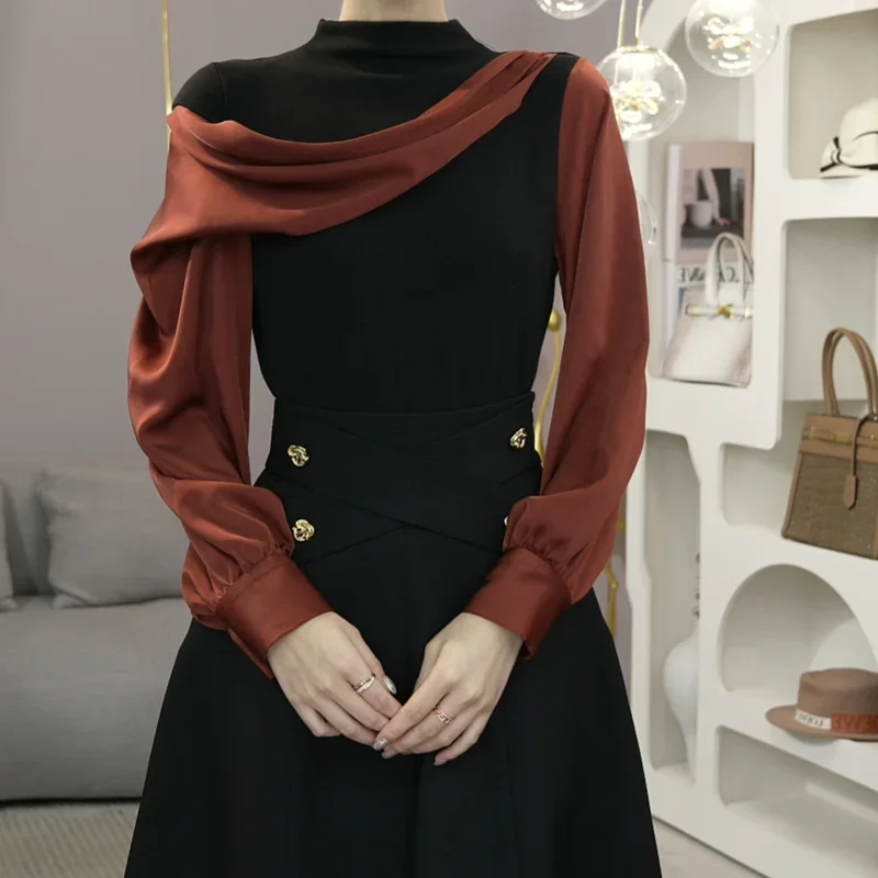 

French fashion temperament niche design sense long-sleeved shirt women's new irregular stitching slim semi-high collar Joker top