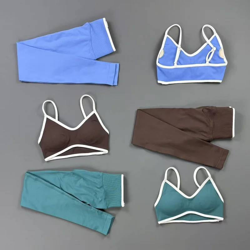 Seamless Sports Sculpt Scrunch Leggings Sets Women Breathable Contrast Bra Butt Lift Yoga Pants Suit Gym Workout Fitness Set