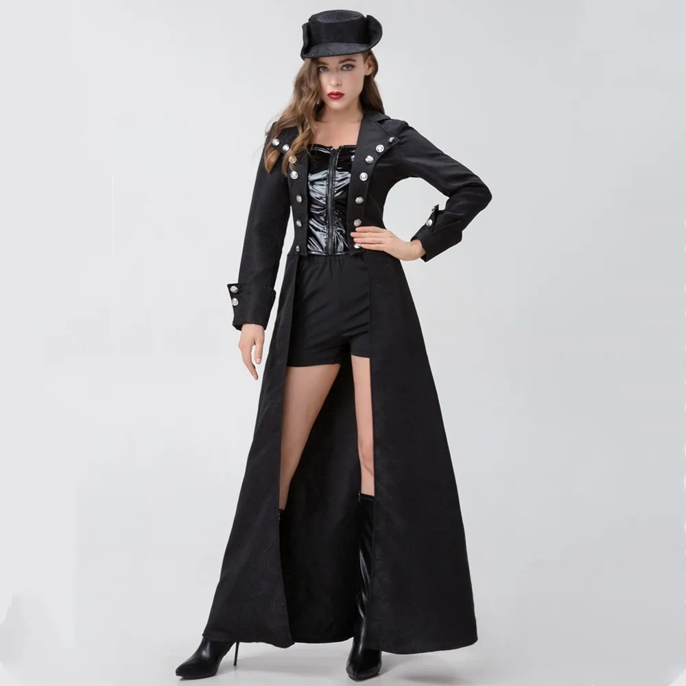 Vintage Medieval Pirate Costume for Adult Women Pirates Jack Sparrow Cosplay Halloween Costume Steampunk Black Long Trenchcoat