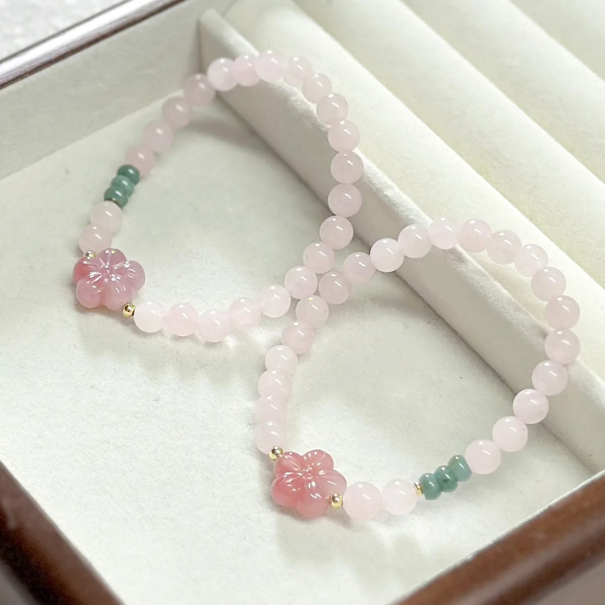 

6mm Natural Pink Crystal Jade Beaded Strand Bracelet for Women Female Flower Charm Bangles Fine Jewelry Accessories Gift YBR1246