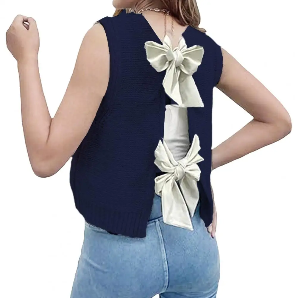 2024 Bow Tie Decor Women Knitted Sweater Vest Round Neck Sleeveless Crop Tank Hollow Back Autumn Winter Short Sweater Vest