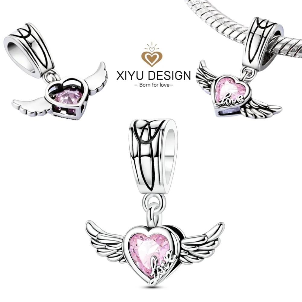 

925 Sterling Silver Pink Heart Zircon Wings of Love Charm Beads Fit Bracelet Pendant Women DIY Fine Jewelry Valentine’s Day Gif