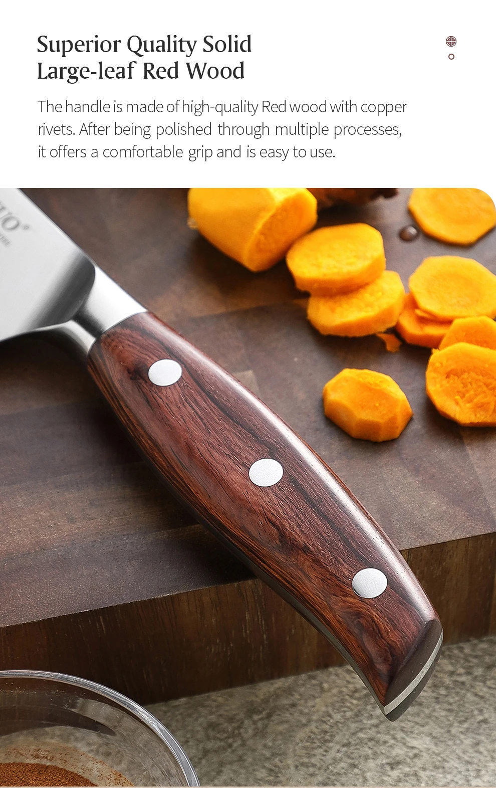 XINZUO Hochwertiges Edelstahl 7,2'' Santoku-Messer 3-Schicht-Verbundstahl Schneidemesser Küchenmesser mit Rotem Holzgriff – Detail 7