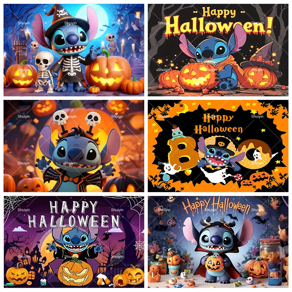 

Disney Lilo&Stitch Happy Halloween Theme Backdrops Bat Pumpkin Ghost Decor Photography Background Photo Booth Props Party Supply