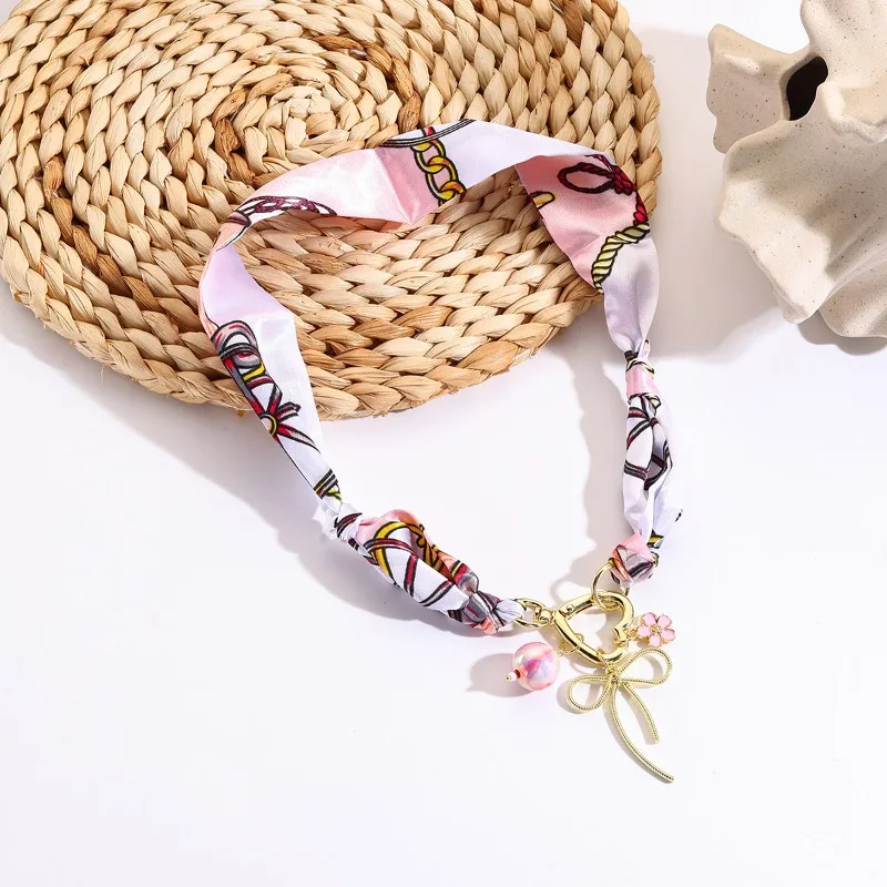 New handmade fabric scarf and ribbon necklace,colorful flower pendant necklace,Bohemian fashion vacation scarf necklace pendant