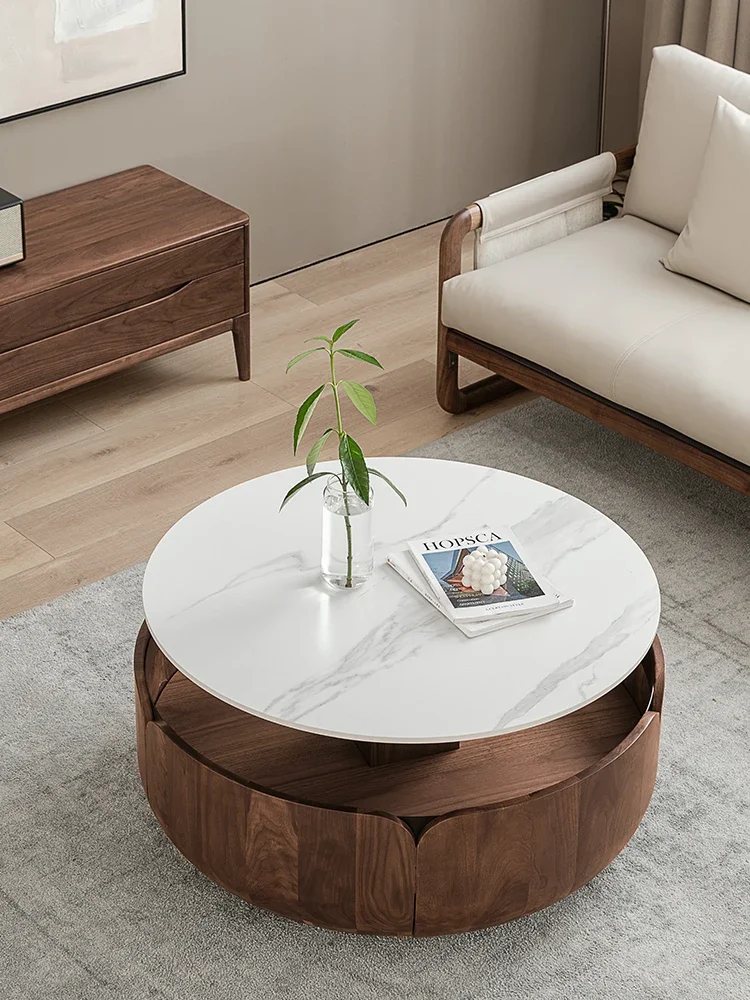 Petal lifting tea table, black walnut wood rock board, solid wood circular storage, multi-functional living room