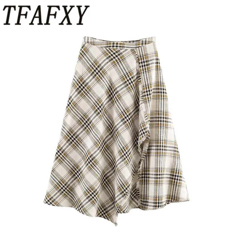 TFAFXY 2026 Frühling Damen Vintage Karierter Rock Modischer Eleganter Midi-Rock Lässiger Street-Rock Asymmetrischer Geraffter Damenrock Neuheiten