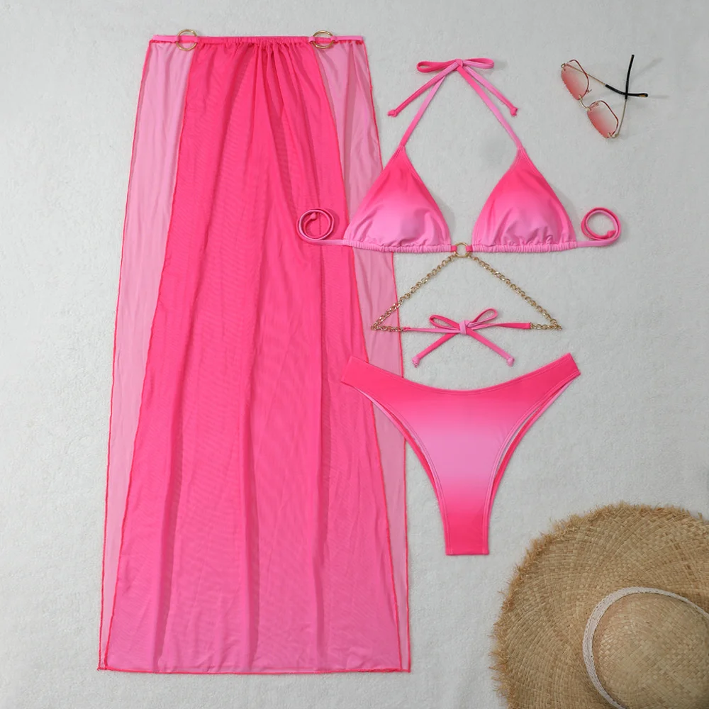 

Sexy Gradient Swimsuit Metal Chain String Bikini High Slit Mesh Skirt Backless Swimwear Women Beach Outfit Vacation Bathing Suit