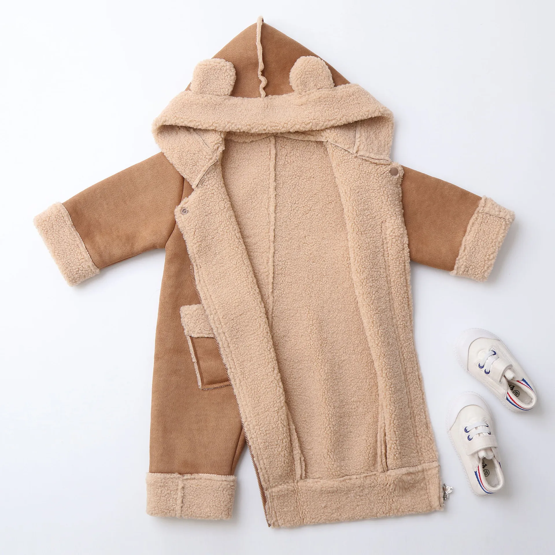 Winter 0-2Y  Baby Boys Clothes Fur Hoodie Girls Jumpsuits Fleece Lining Baby Rompers Windy Break Infant Outfit
