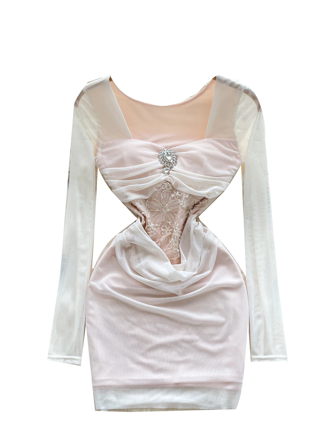 2026 جديد الخريف أزياء مثير ساحة طوق فستان بكم طويل الماس الديكور الدانتيل شبكة المرقعة قصيرة التفاف فستان قصير