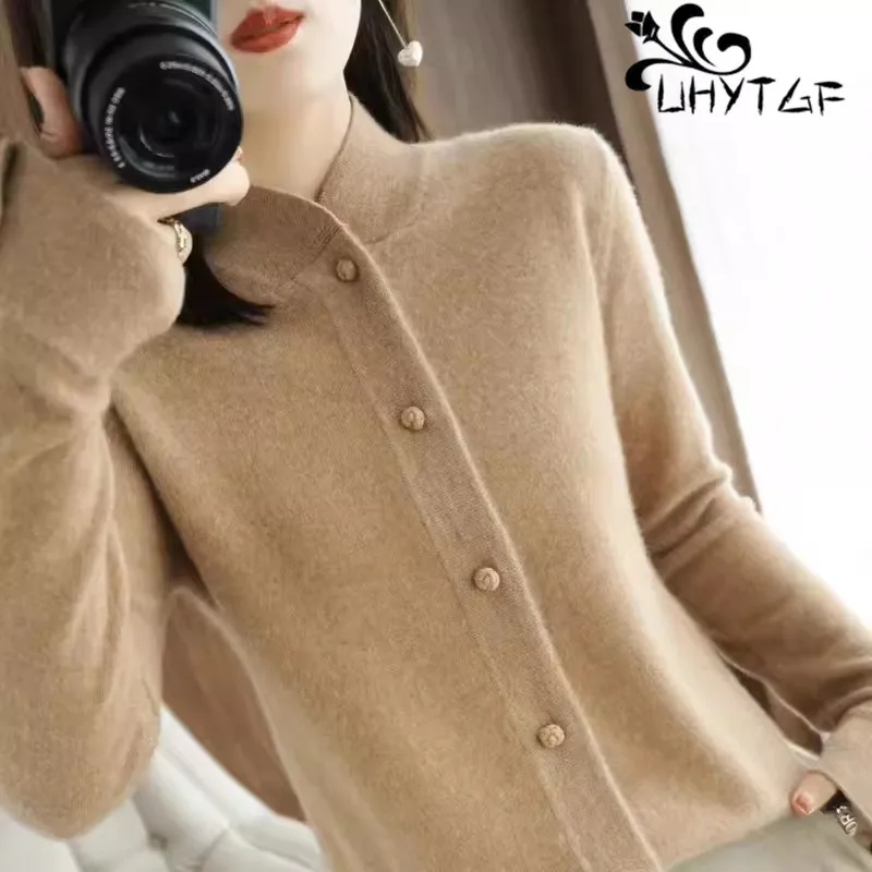 New Knitted Cashmere Sweater Women 2024 Spring Autumn Stand Collar Cardigan Women Long Sleeve Premium Wool Sweater Coat Top 2625