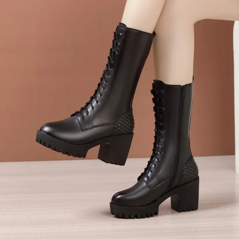 

8cm 10cm Small Size 32-43 Genuine Leather Boots Womens Platform Shoes with Fur 2024 Block High Heels Mid Calf Boots Office Model