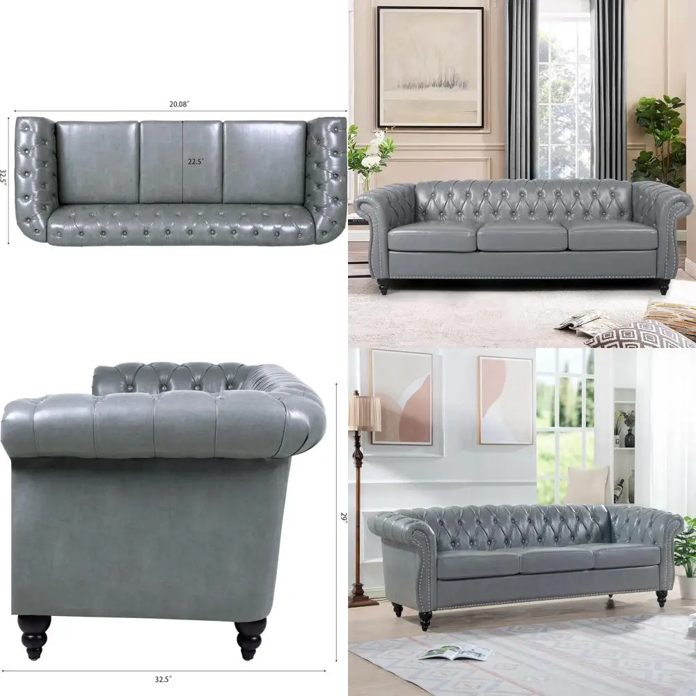 

Классический кожаный диван с обивкой и декоративной стежкой, 3-местный, для гостиной, серый