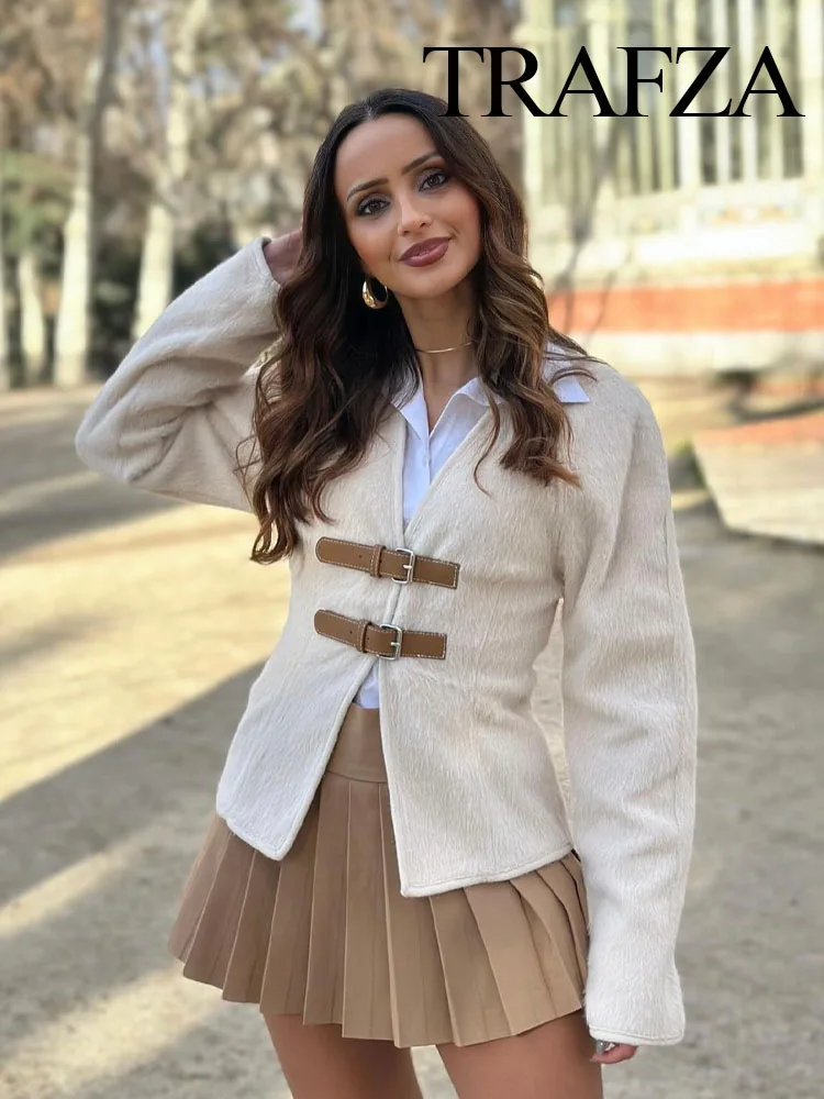 TRAFZA Spring Fashion Women Sweater Coats Solid V-Neck Long Sleeves Belt Decoration Cardigan Female Casual Slim Knitted Tops