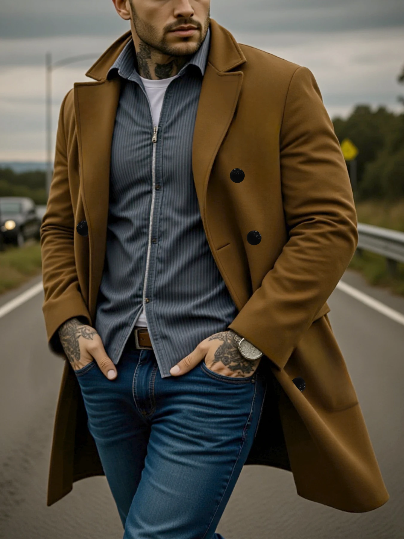 

Men's Woolen Trench Style Overcoat, Single-Breasted Business Casual Jacket, Autumn Winter Warm Coat for Outdoor