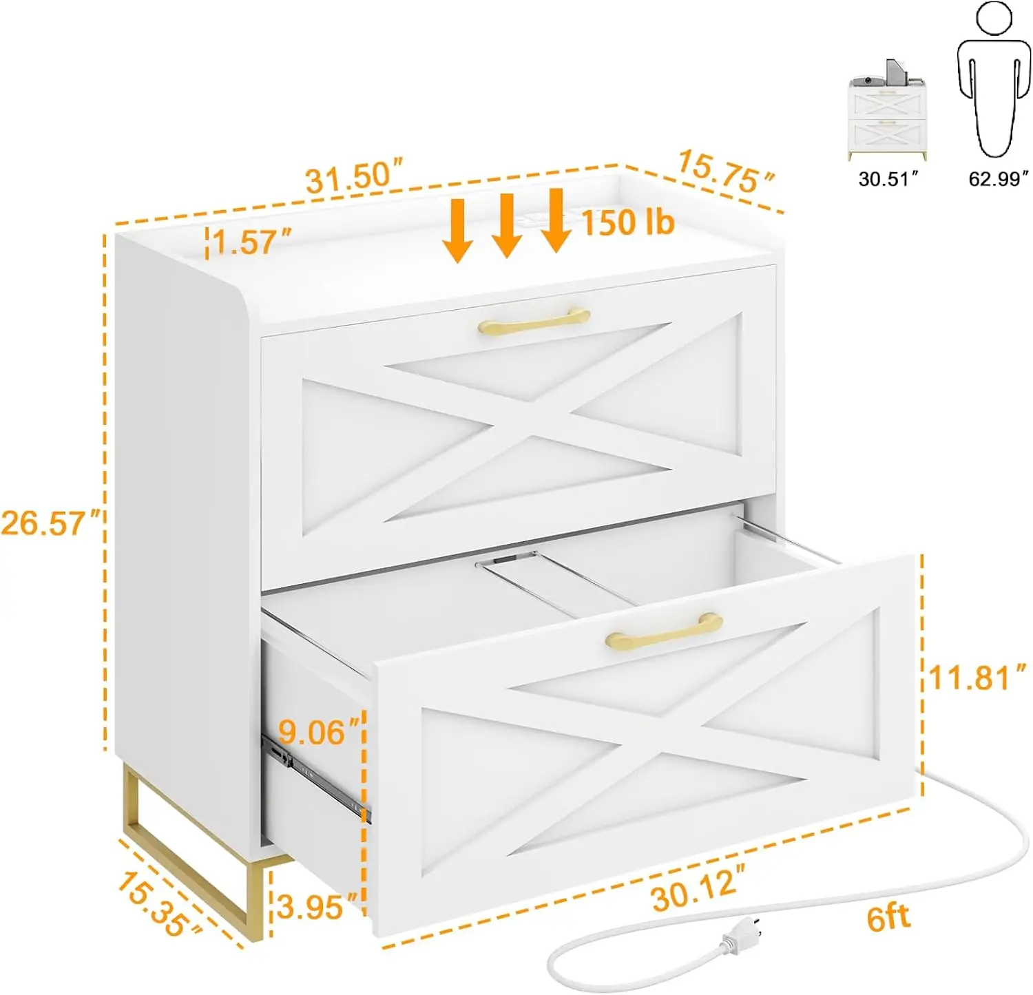 Akten schrank 2 Schubladen seitlicher Akten schrank mit Ladestation für hängende Akten in Brief-/Rechts-/A4-Größe