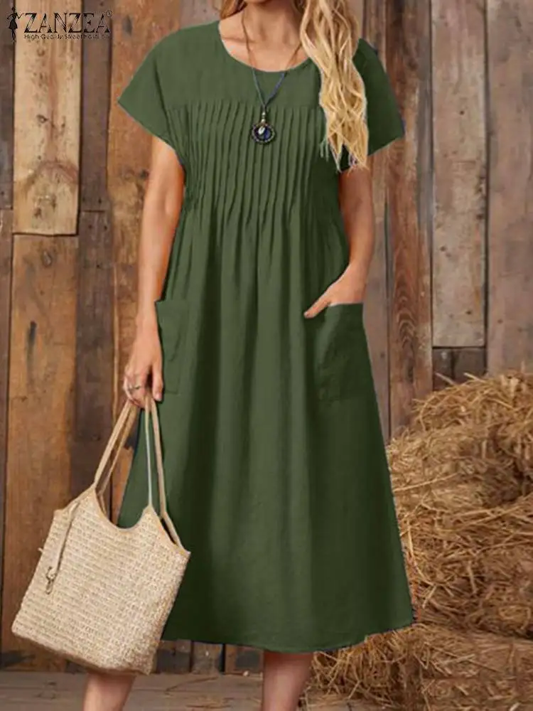 Elegant Summer Sundress ZANZEA Fashion O-Neck Short Sleeve Dress Women's Dresses 2023 Retro Pleated Trim Kaftan Vestidos Robe