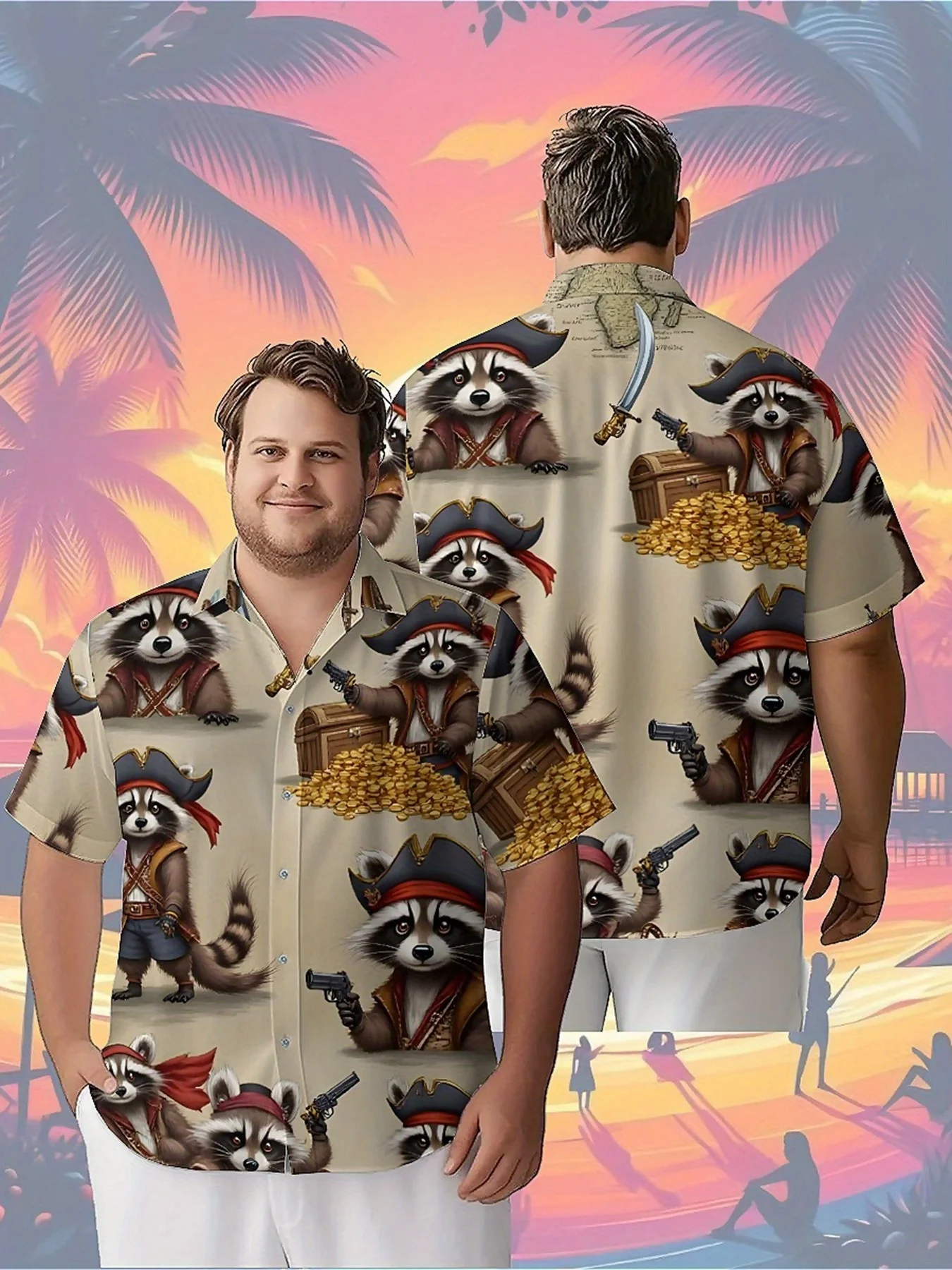 

Men's Plus Size Hawaiian Shirts Pirate Captain Raccoon Pattern,Unisex Baggy Aloha Shirts,summer Alternative Clothing