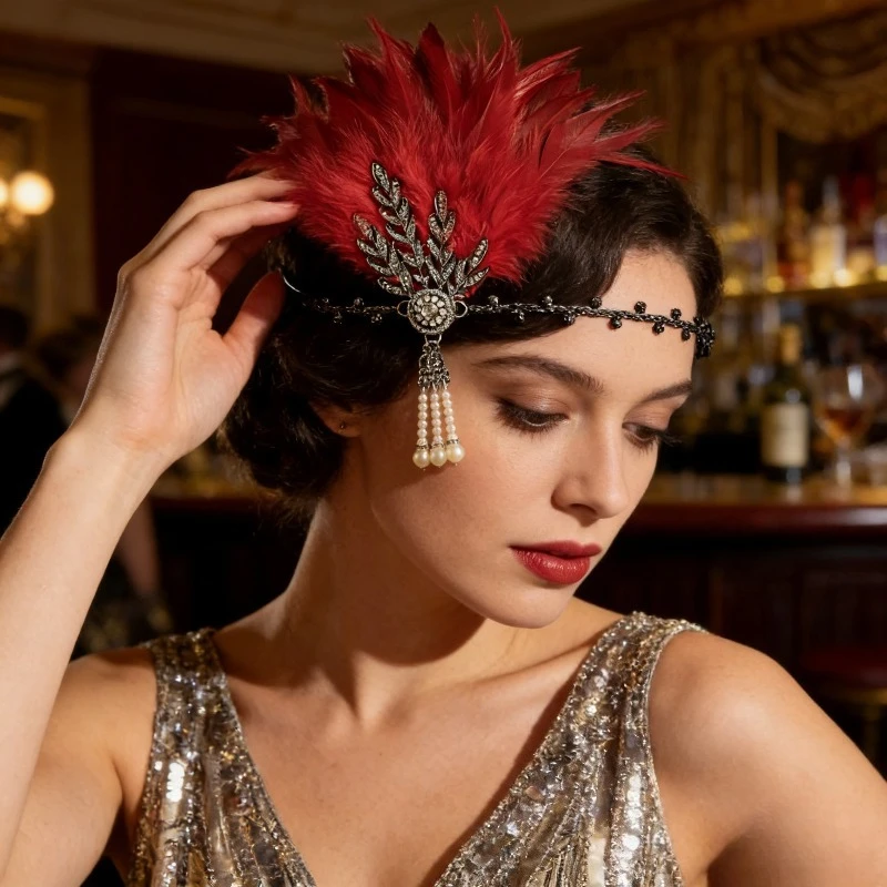 

Single Party Feather Headwear with Diamond Makeup Ball Hairband 1920s Retro Theme Accessories Party Elegant Dress Up