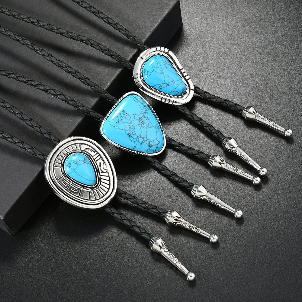 

Новинка: Модный галстук-боло в ковбойском стиле для мужчин, длинный, с бирюзовыми элементами, аксессуар для рубашки, стильное украшение