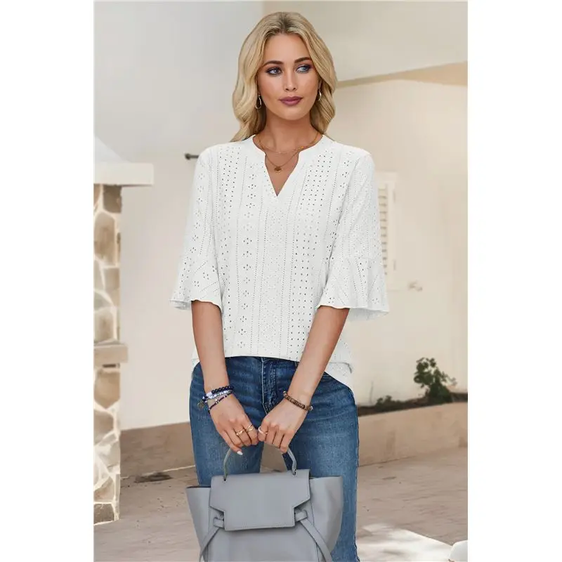 CYL-Plus-Size-Tops-For-Dames Chic V-hals 3/4 Lengte T-shirts met ruches aan de mouwen Trendy Casual losse blouses