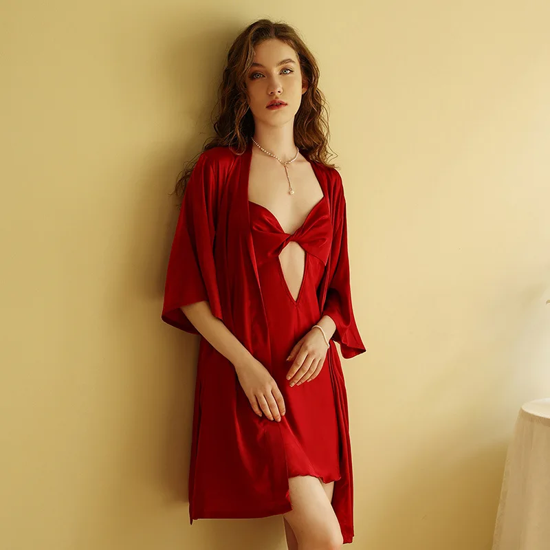 

Sexy 2 Piece Wedding Robe Set Nighty Suit Female Hollow Out Tempt Short Nightgown Autumn New Silky Satin Intimate Sleepwear
