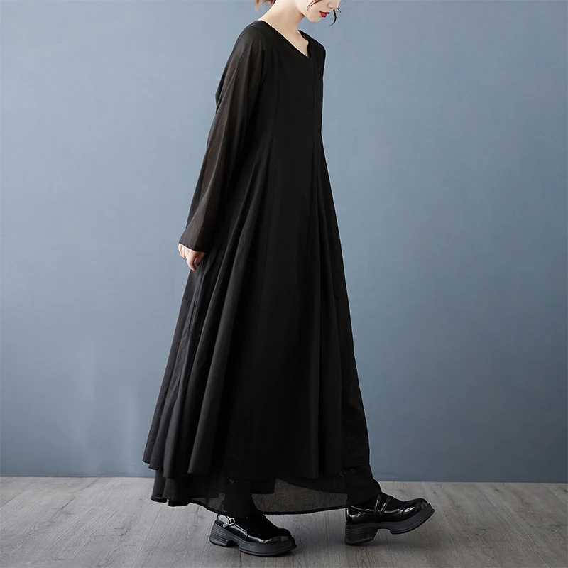 Outono nova cor sólida elegante vestido feminino o-pescoço manga longa solto dupla camada a linha vestidos longos casual escritório senhora vestido