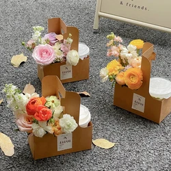 10pcs Portable Flower Gift Bag Kraft Paper Holder Coffee Flower Cake Dessert Packaging Box Photo Favor Drink Carrier With Handle