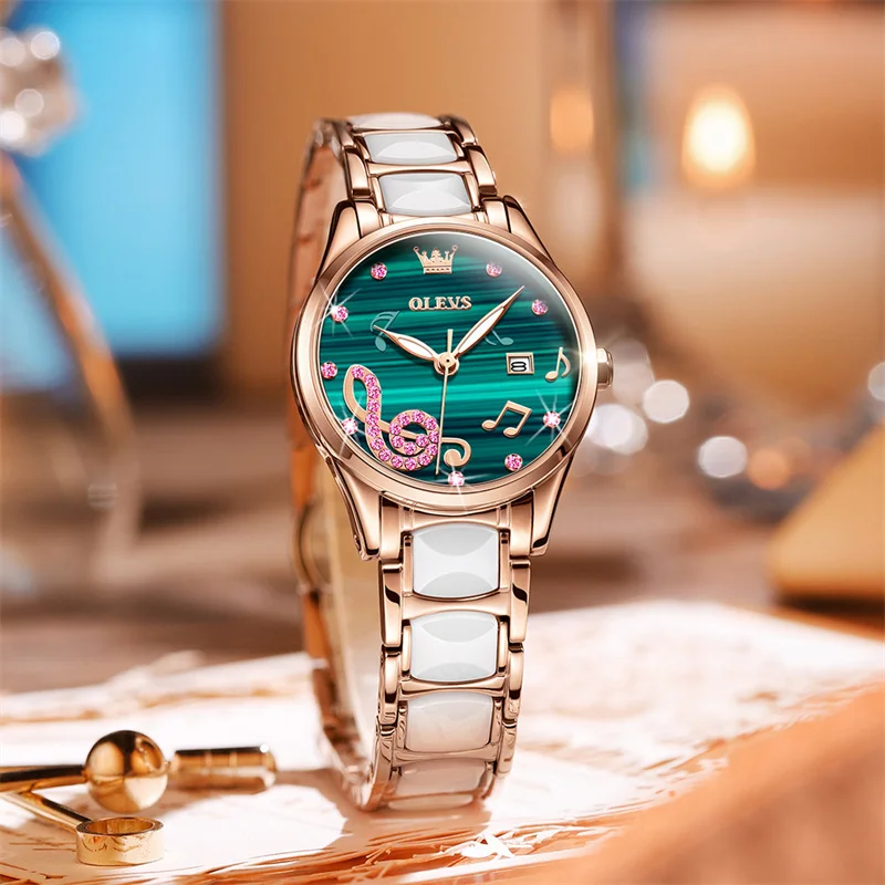 OLEVS Green Note Dial Fashion Quartz Watches Women Luxury Top Brand Ceramic Rhinestones Ladies Wrist Watch Relogio Feminino