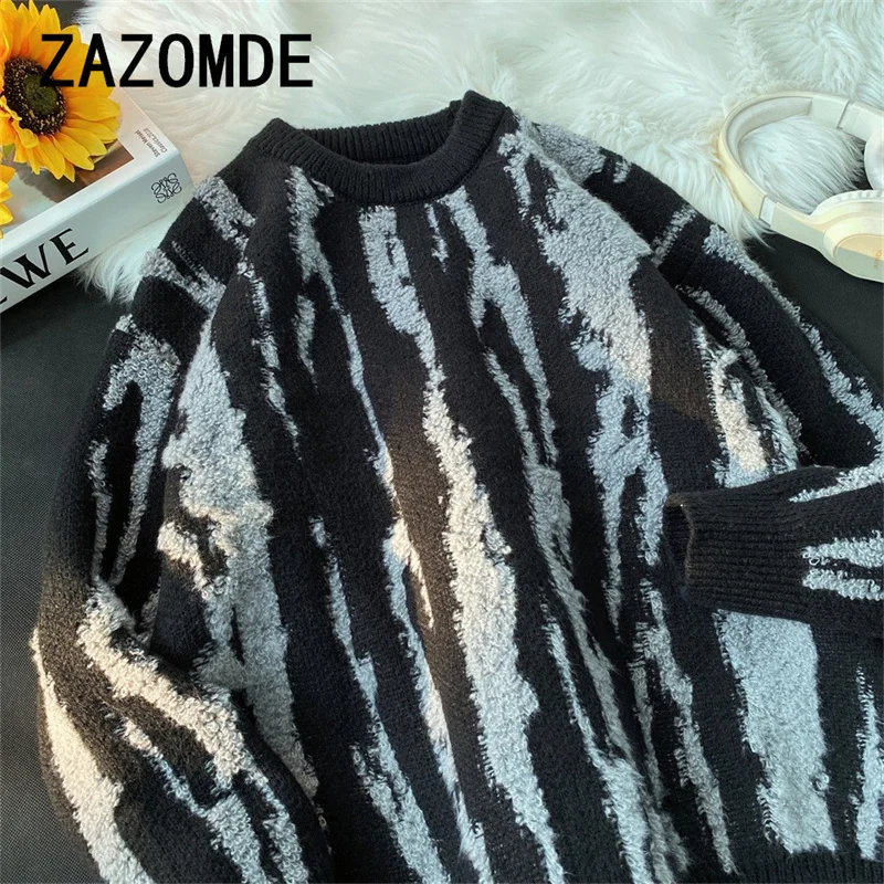 ZAZOMDE Jesienno-zimowy zagęszczony sweter męski Koreański modny luźny japoński top z dzianiny Casual Scene Crew Neck Knitwear Men