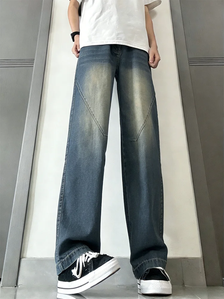 

Retro Blue Ice Silk Men's Jeans Spring Summer Thin Design Splicing Cleanfit Straight Leg Pants Youthful Wear Resistant