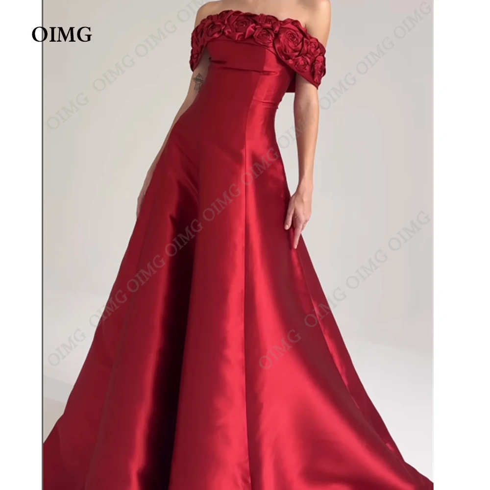 

OIMG Red Flowers Long A Line Evening Dresses Prom Gowns Off Shoulder Strapless Vestidos Formal Event Night Party Gown Dress