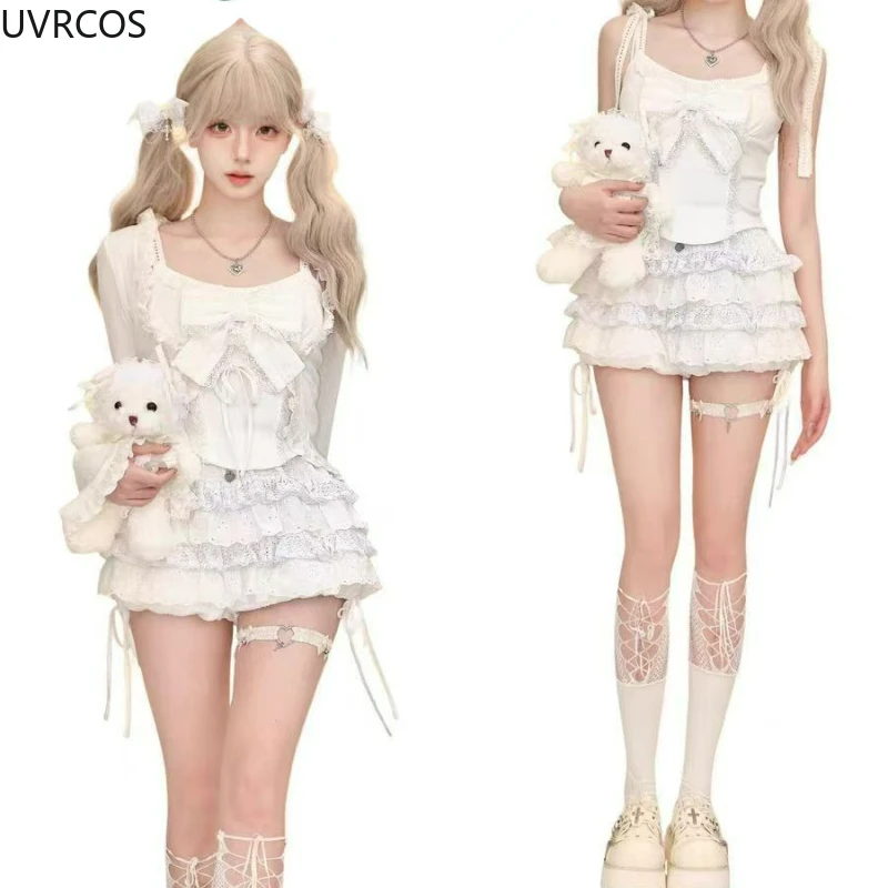 Japanese Sweet Lolita Style 3 Piece Sets Woman Cute Short Cardigan Bow Vest Y2k White Pleated Skirts Suit Gothic Kawaii Outfits