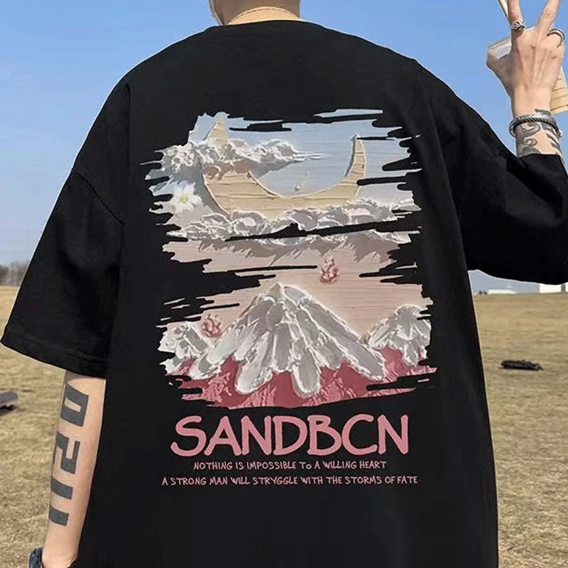 

Men's Clothing Summer New Europe and America Fashion Loose Oversized Trend Casual Printed Short Sleeve Round Neck Tops T-shirt