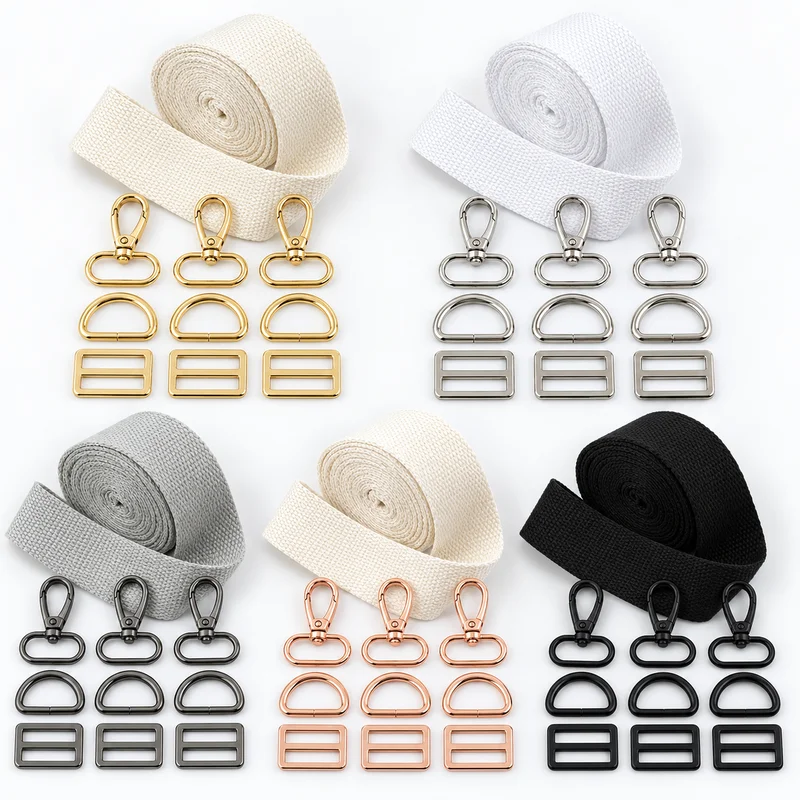 3Set 20-38mm Metal Hook Tri-Glide Slider D Ring Buckle 3Meters Cotton Webbing Strap Handbag Tape Adjust Buckles Replace Band DIY