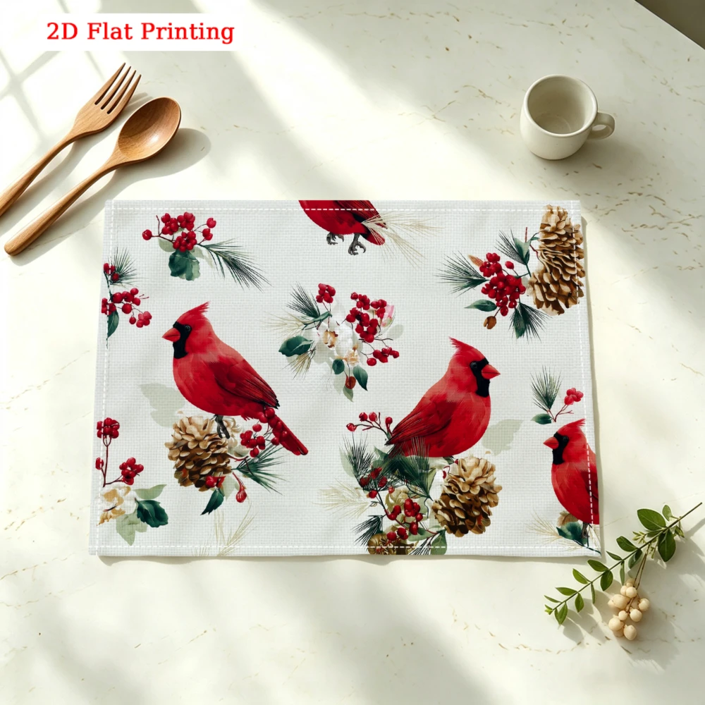 Red Cardinals Pinecones Berries Print Kitchen Placemat Coaster Linen Pad Dish Coffee Cup Table Mat 30x40cm Home Decor