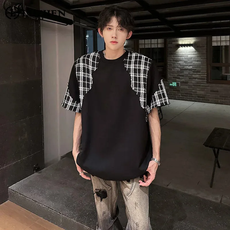 

LUZHEN Summer Personalized Patchwork Design Short Sleeve T-shirts 2025 Men's Original Plaid Printed Handsome Casual Tops JY3520