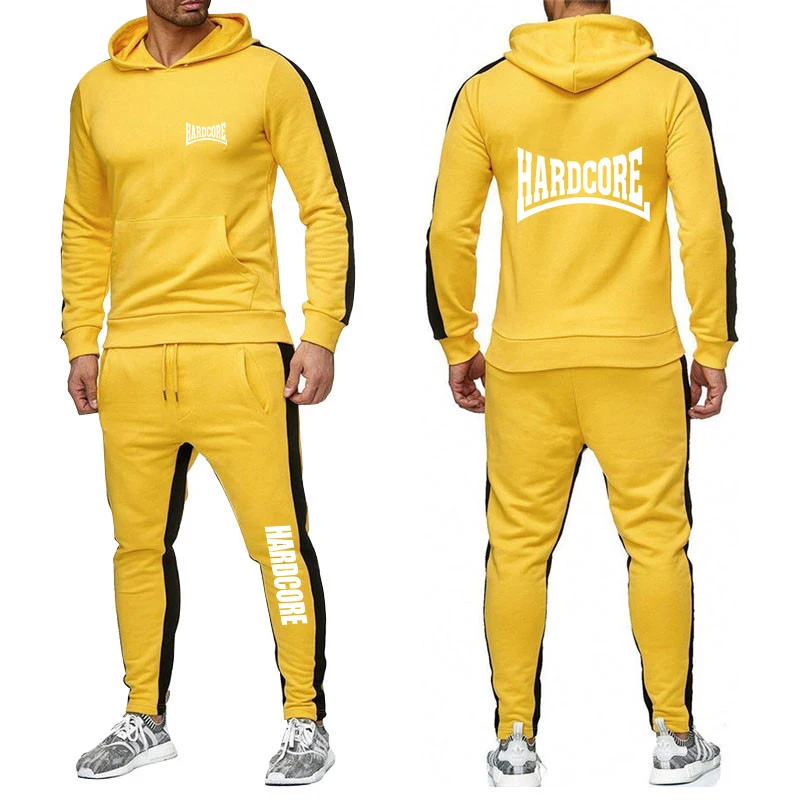 HARDCORE Printed Hoodie Sweatpants Tracksuit Men\'s Hooded Sweatshirt+Pants Pullover Sportwear Suit Clothes 2 Pieces Sets