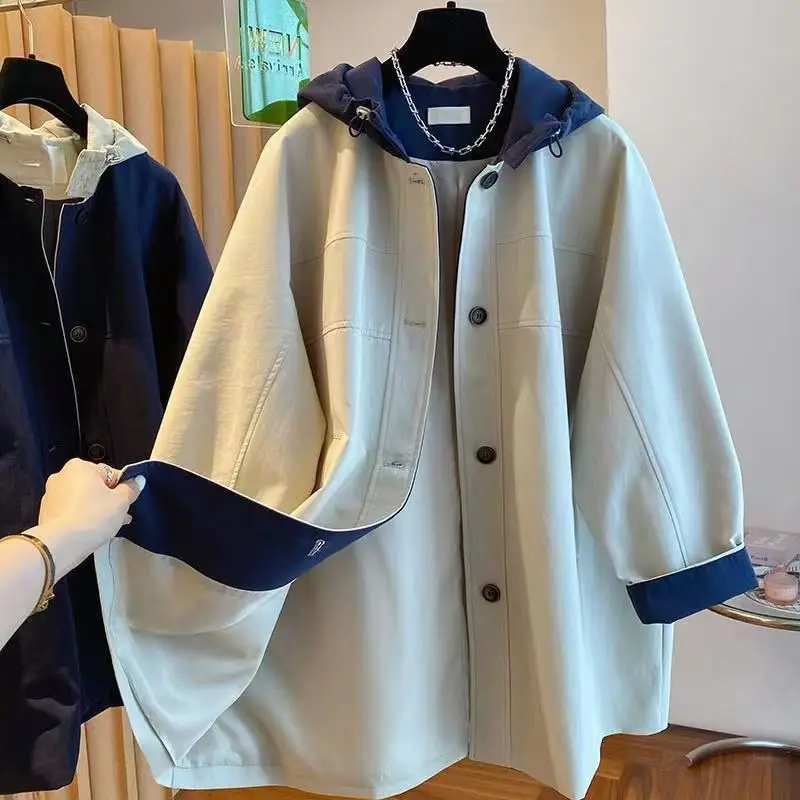 Contrasting Color Hooded Trench Coat Women's Medium And Long Korean Loose Lazy Style Versatile Casual Small Commuter Coat Navy