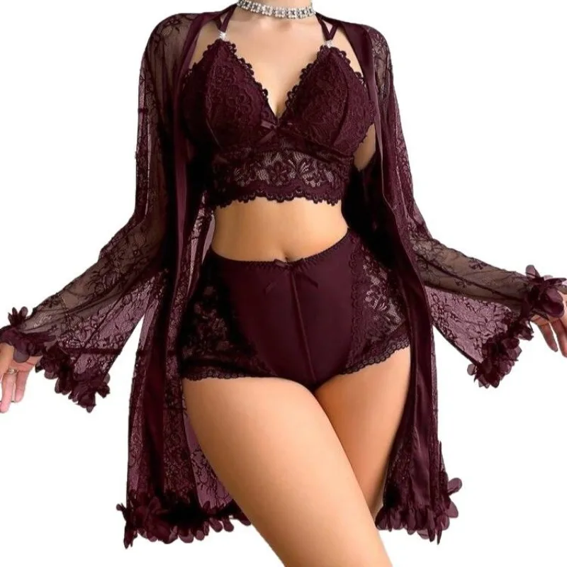 Women Sexy Robe Lingerie Set Lace V-neck Halter Bralette Underwear Suit + Transparent Mesh Bathrobe Nightwear Female Sleepwear image 5