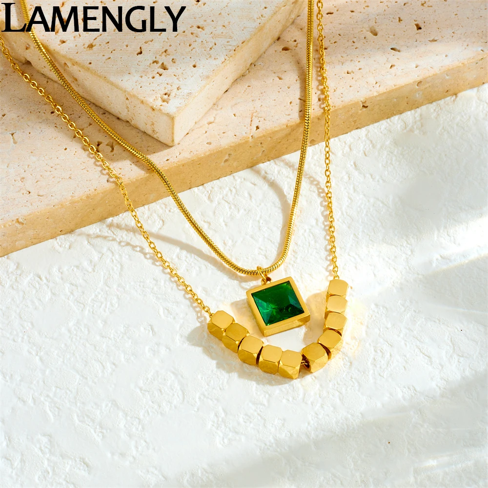

LAMENGLY 316L Stainless Steel Green Square Crystal Multiple Cubes Pendant Necklace For Women Glamorous Neck Chain Party Gifts