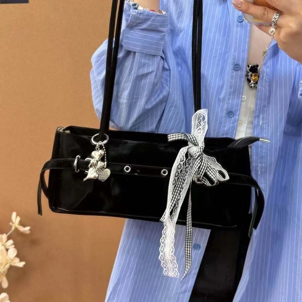 

Portable Sweet French Stick Handbag Pendant Bow PU Shoulder Bag Solid Color Large Capacity Women Underarm Bags Work