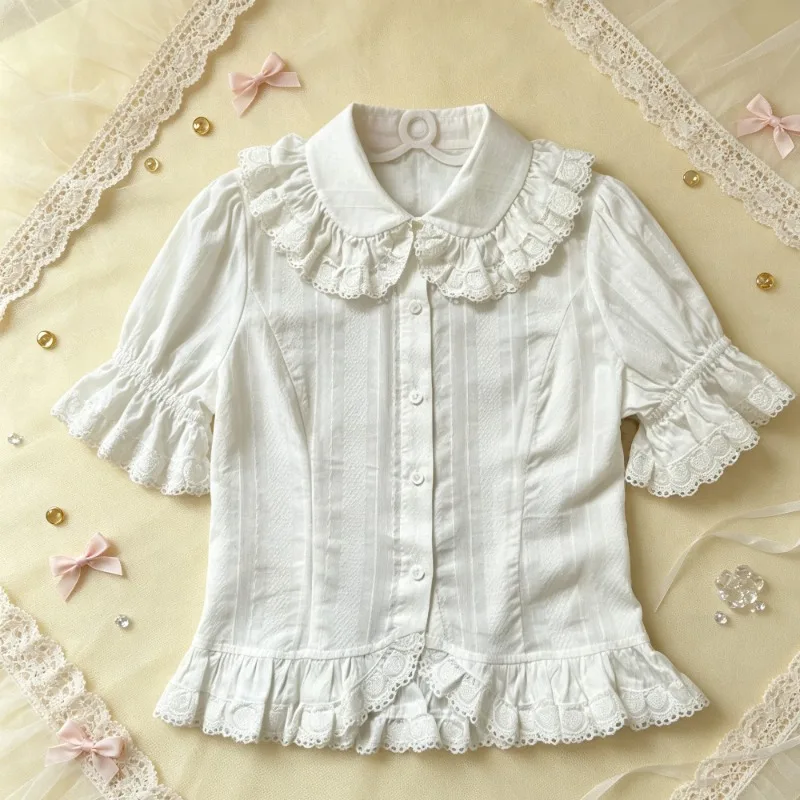 Japanese Cute Lace Doll Collar Lolita Shirt French Bubble Short Sleeve Top Girls' Uniform Lolita Versatile Interior Shirt
